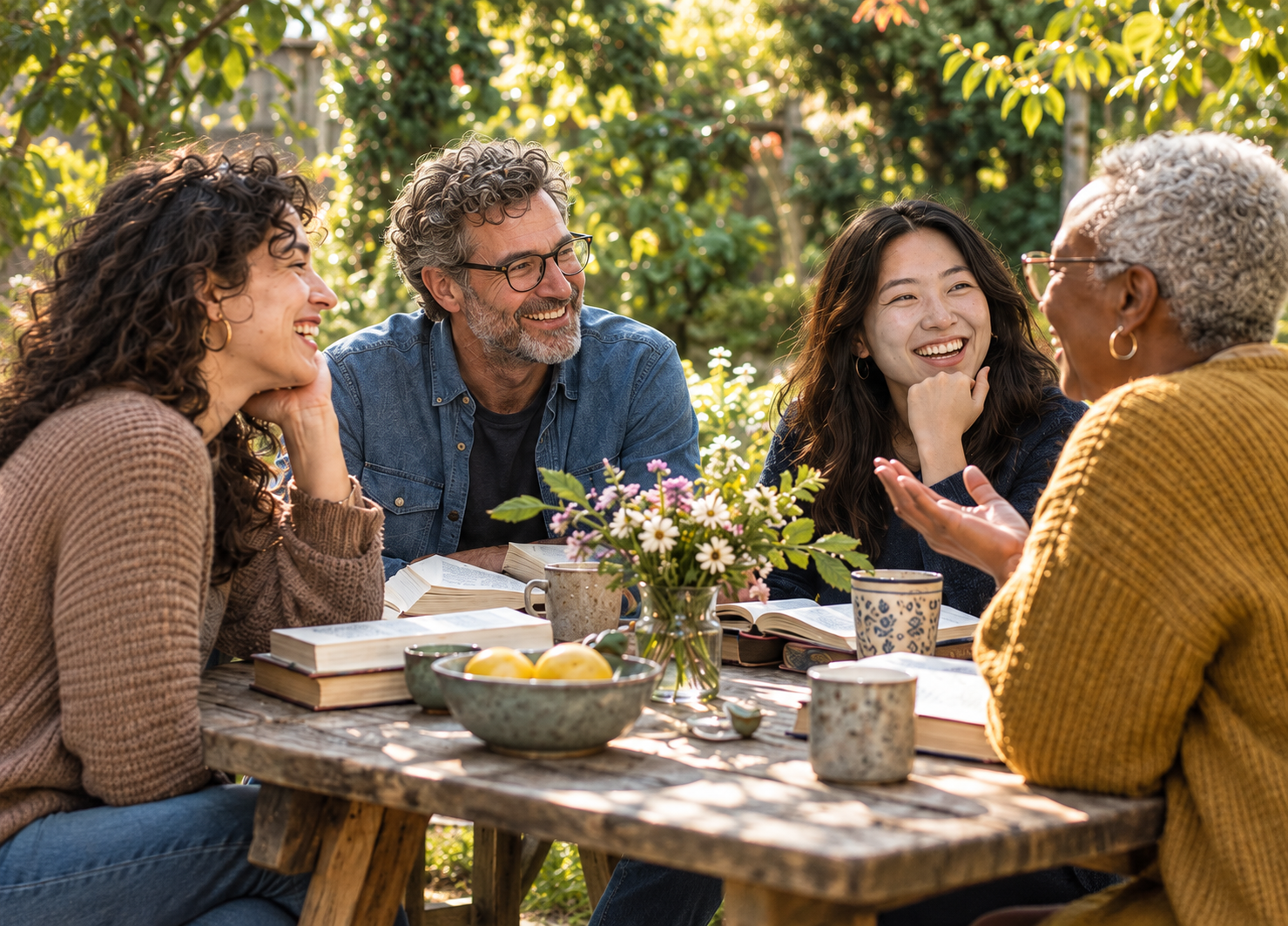 An illustrative garden scene of four adults talking over books at a table.