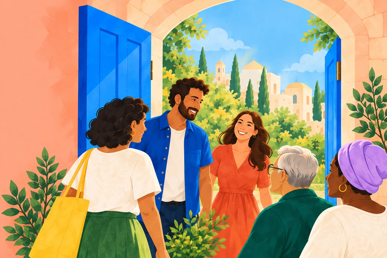 An illustration of five adults welcoming one another at an open blue doorway.