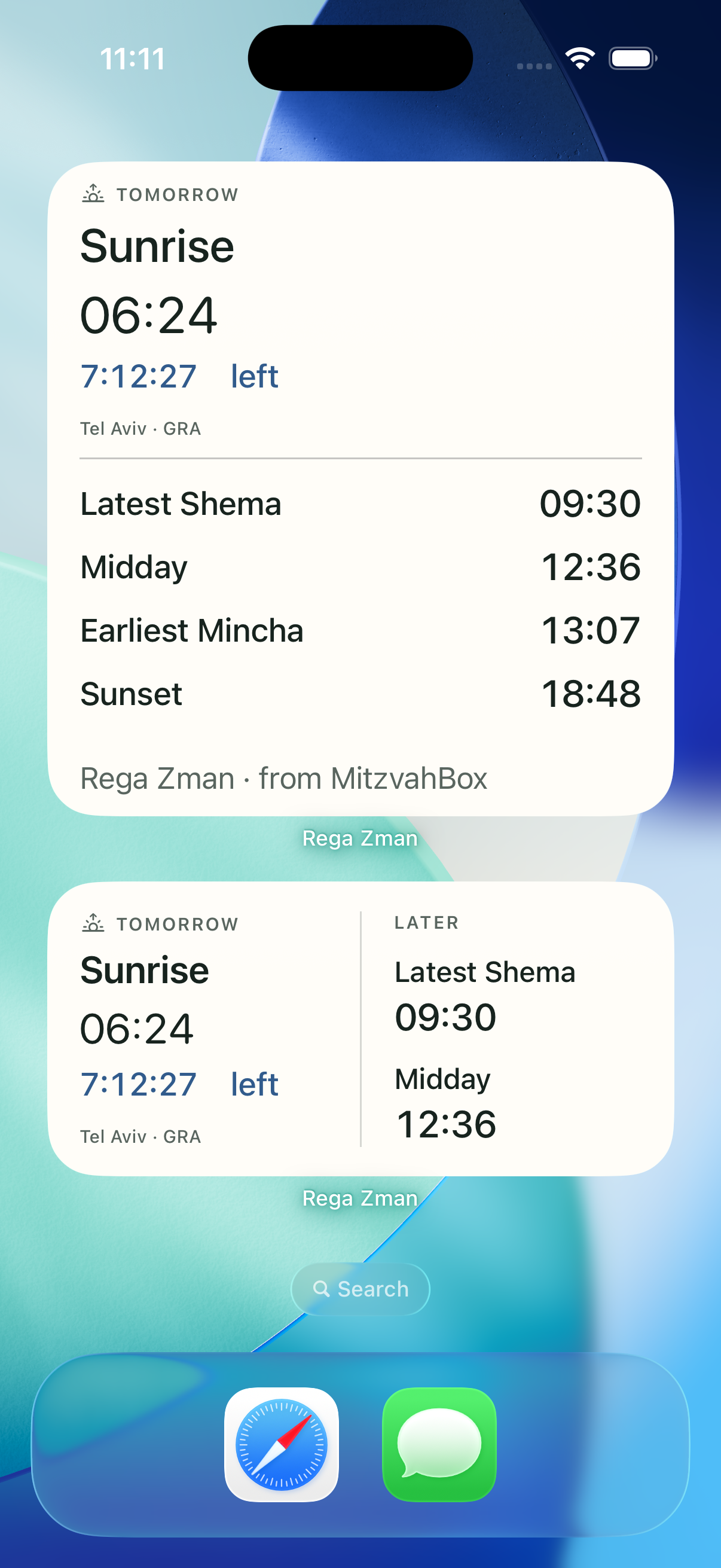 Rega Zman Home Screen widgets showing sunrise, latest Shema, midday, earliest Mincha and sunset for a sample Tel Aviv day.